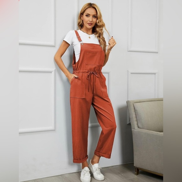 Womens Bib Overalls Adjustable Strap Drawstring Cotton Linen Jumpsuits - Picture 4 of 7